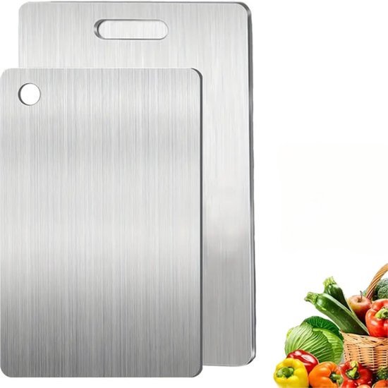 Planche à découper en acier inoxydable - 30 x 19,5 cm - Utilisation recto verso - Facile à Nettoyage - Facile à accrocher - Geen microplastiques - Compatible lave-vaisselle - Métal - Acier inoxydable