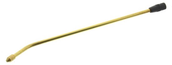 Messing spuitstok met zwarte dop, gebogen aan het uiteinde met sproeier.