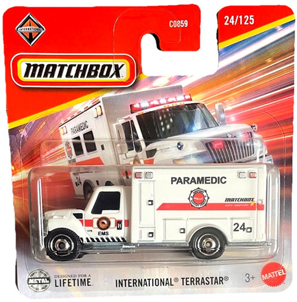 MATCHBOX PARAMEDIC EMS INTERNATIONAL TERRASTAR AMBULANCE 24/125 1:64 SHORT CARD