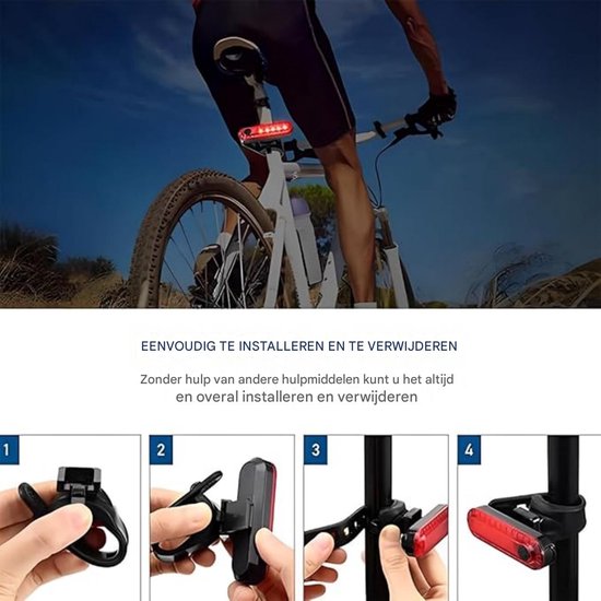 EXCITAT 2 stuks fietsachterlichten - Achterlicht voor fiets - USB-C oplaadbaar - LED-fietsachterlichten met 4-traps dimfunctie - Waterdicht - Geschikt voor fietsen, wielrenners en mountainbikes — afbeelding 3