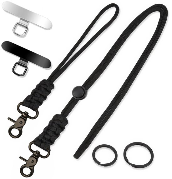 Cordon noir en paracorde avec deux mousquetons. Comprend deux plaques de fixation métalliques (argent et noir) et deux anneaux noirs.