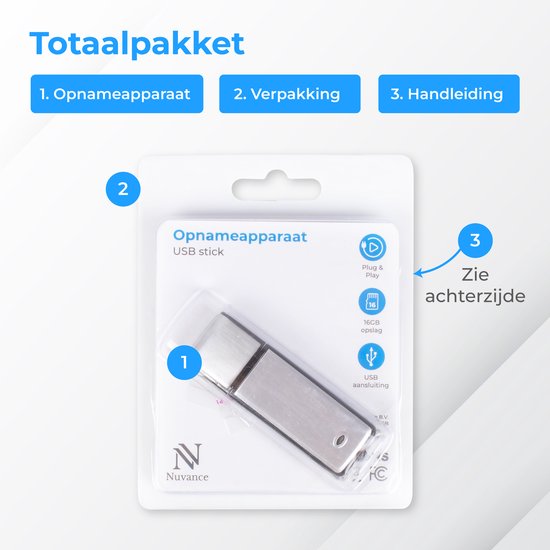 Verpakking van een zilverkleurige usb-stick, met 'Opnameapparaat USB stick' en 16GB opslag.