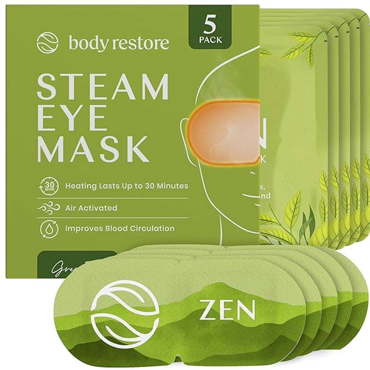 Stoom Oogmasker Green Tea 5-Pack - Body Restore - Groene Thee - Groene Theegeur - Zelfverwarmend Oogmasker - Verwarmd Oogmasker - Warmte Oogmasker - Steam Eye Masks
