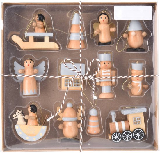 Set van houten kerstdecoraties, 12 stuks.