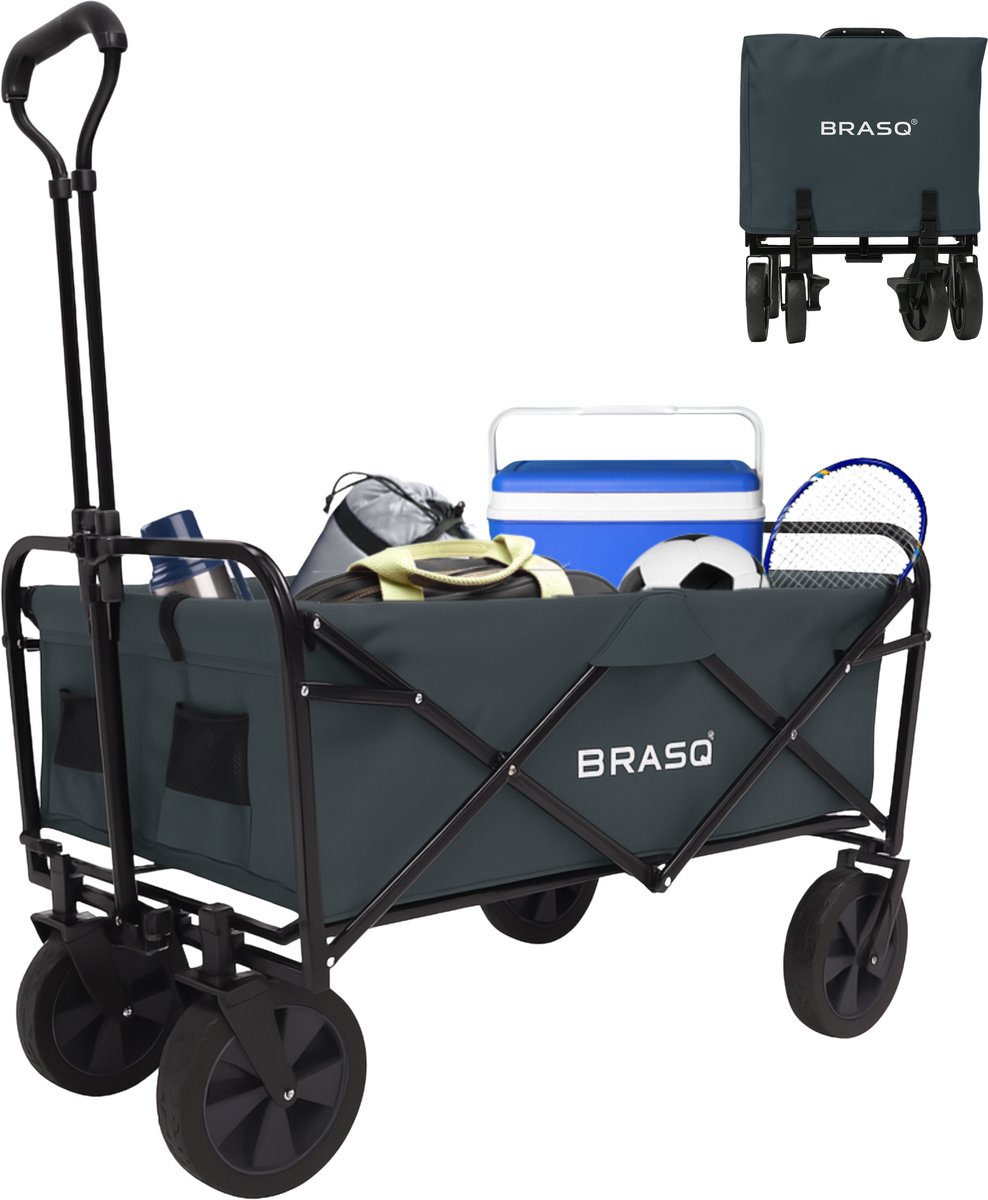 BRASQ Bolderkar Opvouwbaar Grijs- Bolderwagen met stevig frame - Draaibare wielen - Verstelbare hendel - 80 KG Draagkracht