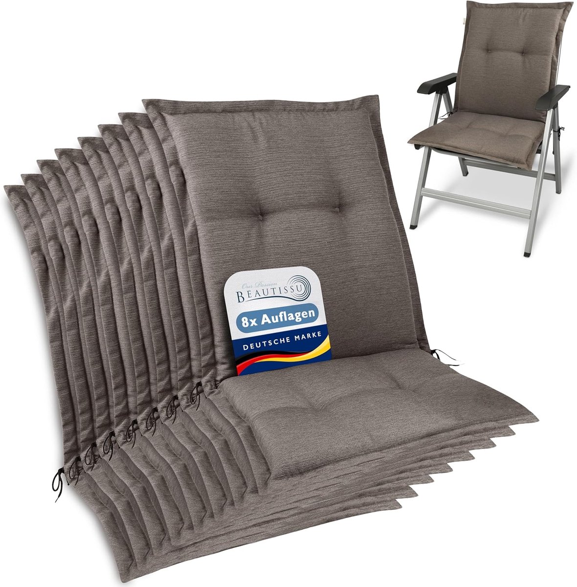Beautissu HighLux NL – Set van 8 Tuinkussen Lage Rug Kussen 105x50x7cm – Outdoor Zitkussen voor Tuinstoel Taupe