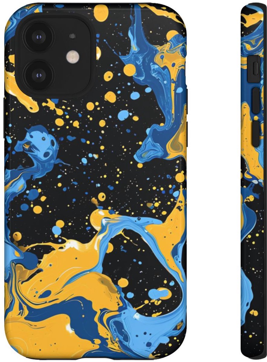 Blauwe en Gele Verfspatten Abstract – Telefoonhoesje Geschikt voor iPhone 12