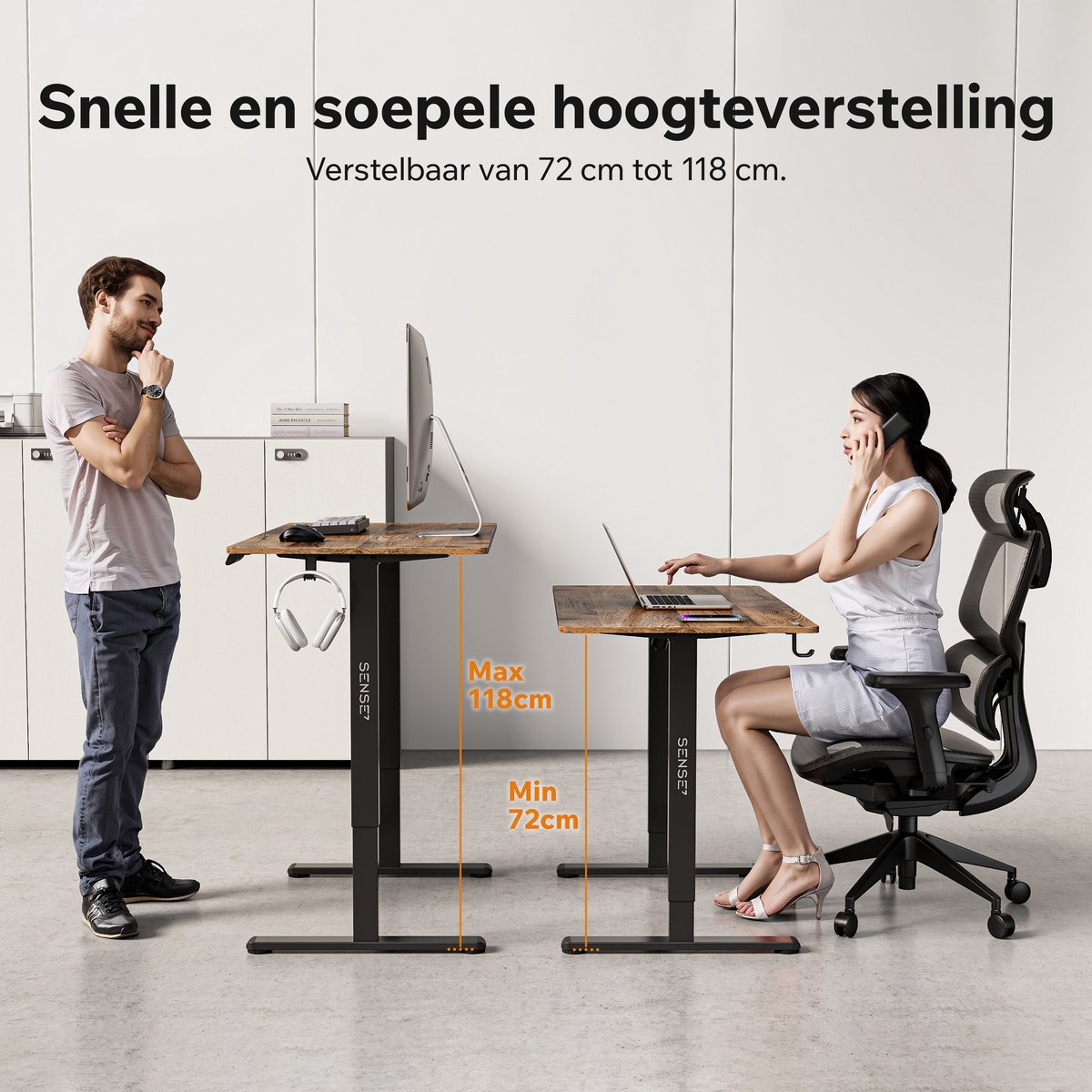 SENSE7 NOJO LIGHT - Zit Sta Bureau - 120 cm x 60 cm - Elektrisch bureau - Verstelbare bureau - Elektrische Hoogteverstelling - Hoogte 72-118 cm - Intelligent Bedieningspaneel - Donkerbruin thumbnail 5