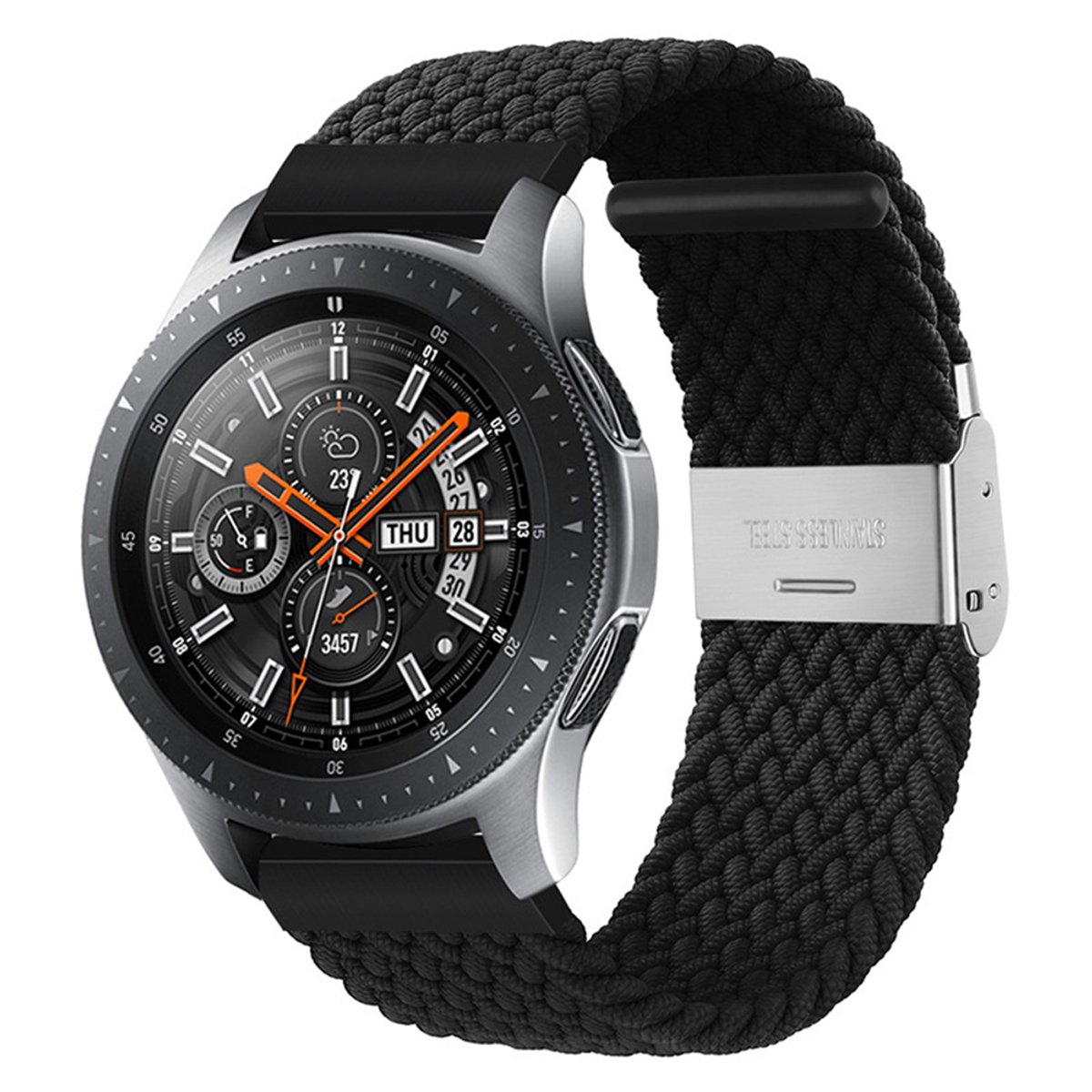 Qelus Zwarte 22mm Gebreide Nylon Elastische Horlogeband met RVS Gesp - Verstelbare Lengte - Vervangende Band voor Horloges en Smartwatches - Sportief, Zachte en Ademende - Voor Mannen en Vrouwen