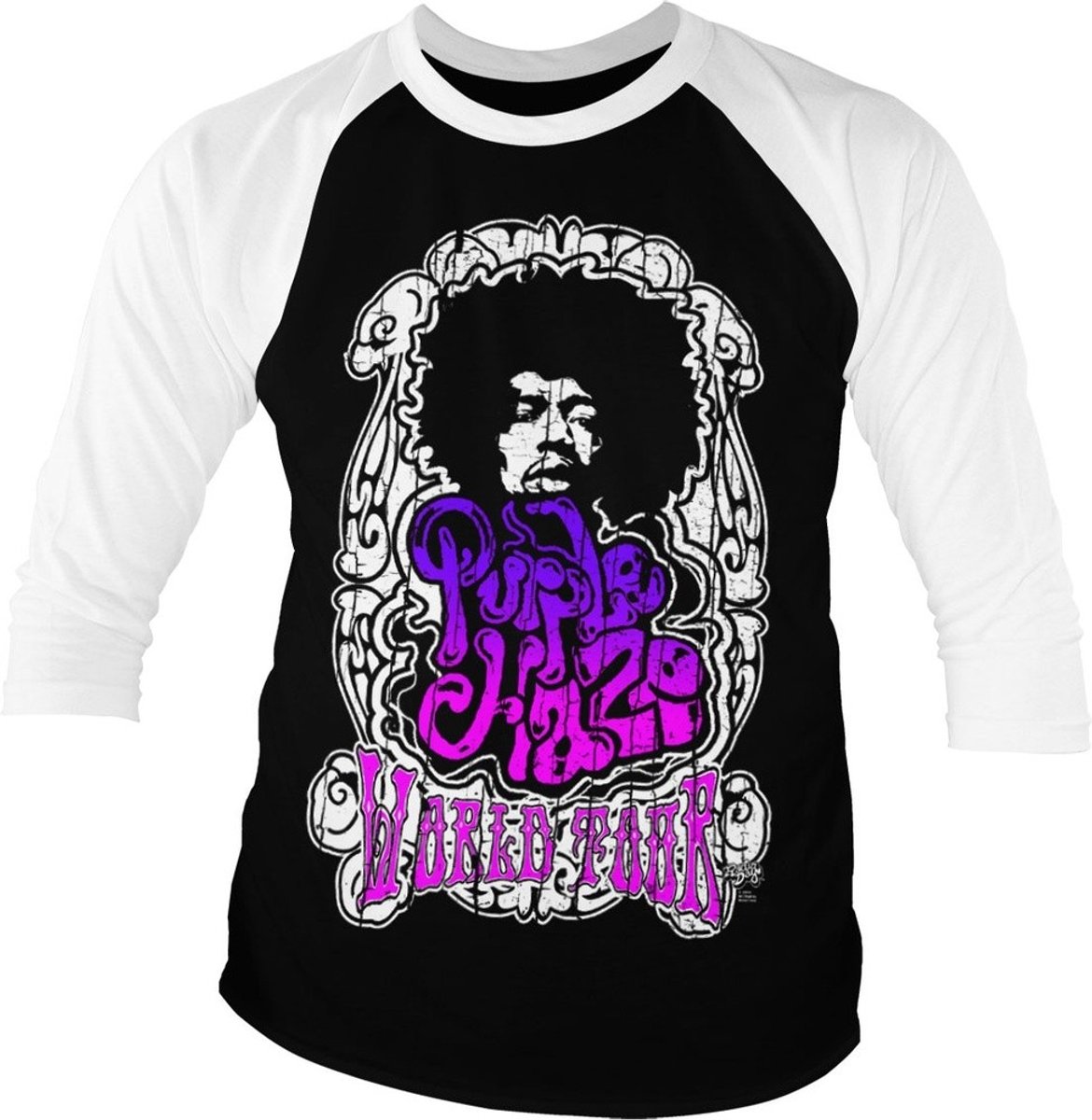 Jimi Hendrix Purple Haze World Tour Baseball 3/4 Sleeve Tee T-Shirt White-Black-XL