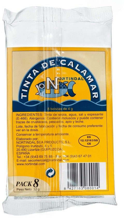 Nortindal Inktvisinkt Vloeibaar in Handige Portiezakjes 8 x 4g (32g Totaal) – Authentieke Sepia Inkt voor Pasta, Risotto & Paella | Glutenvrij en Gesteriliseerd, Premium Spaanse Kwaliteit met Kajal Sticker