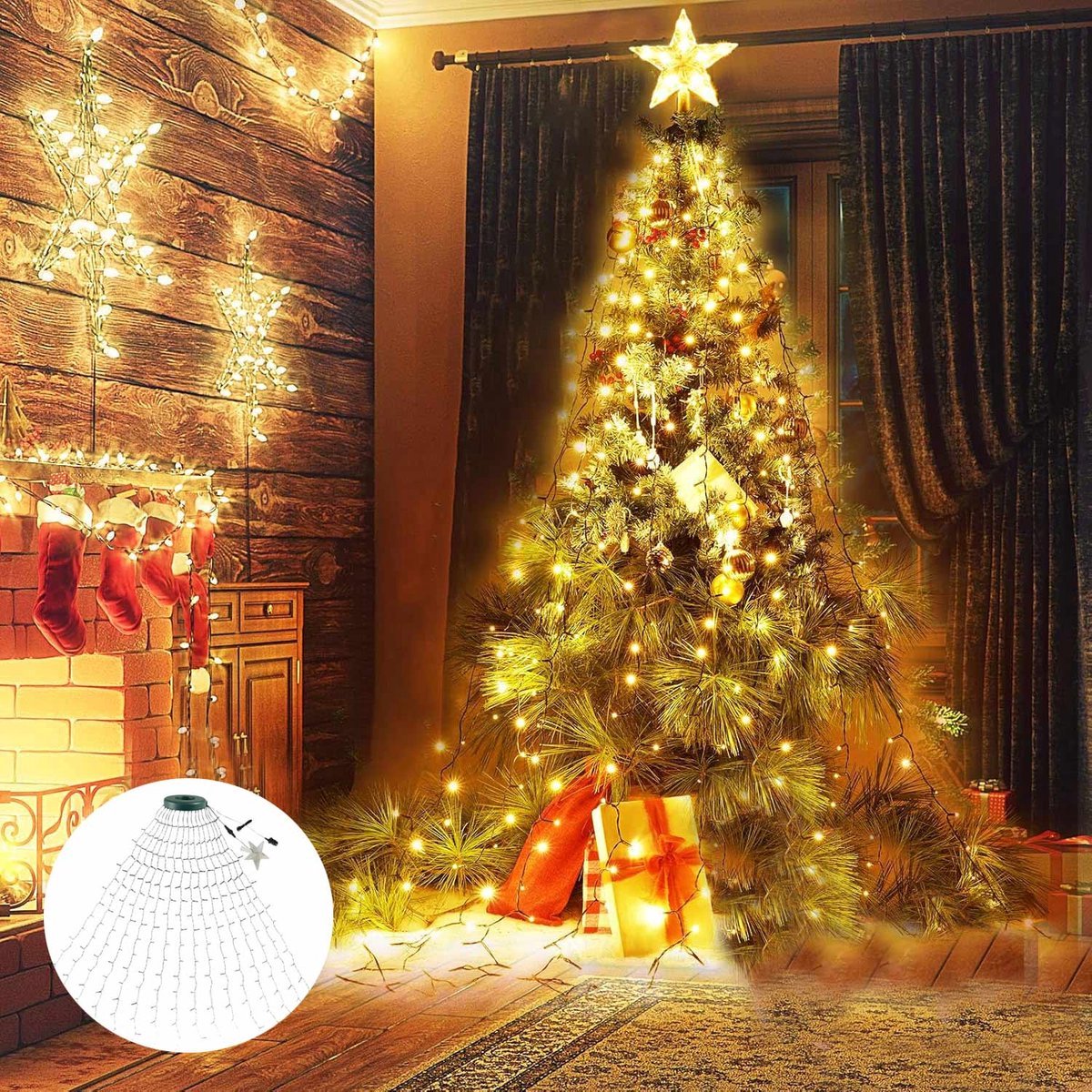 Meedeer Kerstboom Kerstverlichting Ring-Kerstboomverlichting-Kerstverlichting met ring-topper ster-2 m-400 leds-16 strengen lichtkoorden-lichtketting-IP44-geheugenfunctie-8 modi-waterval-kerstdecoratie- voor buiten-binnen-warmwit/Kleurrijke