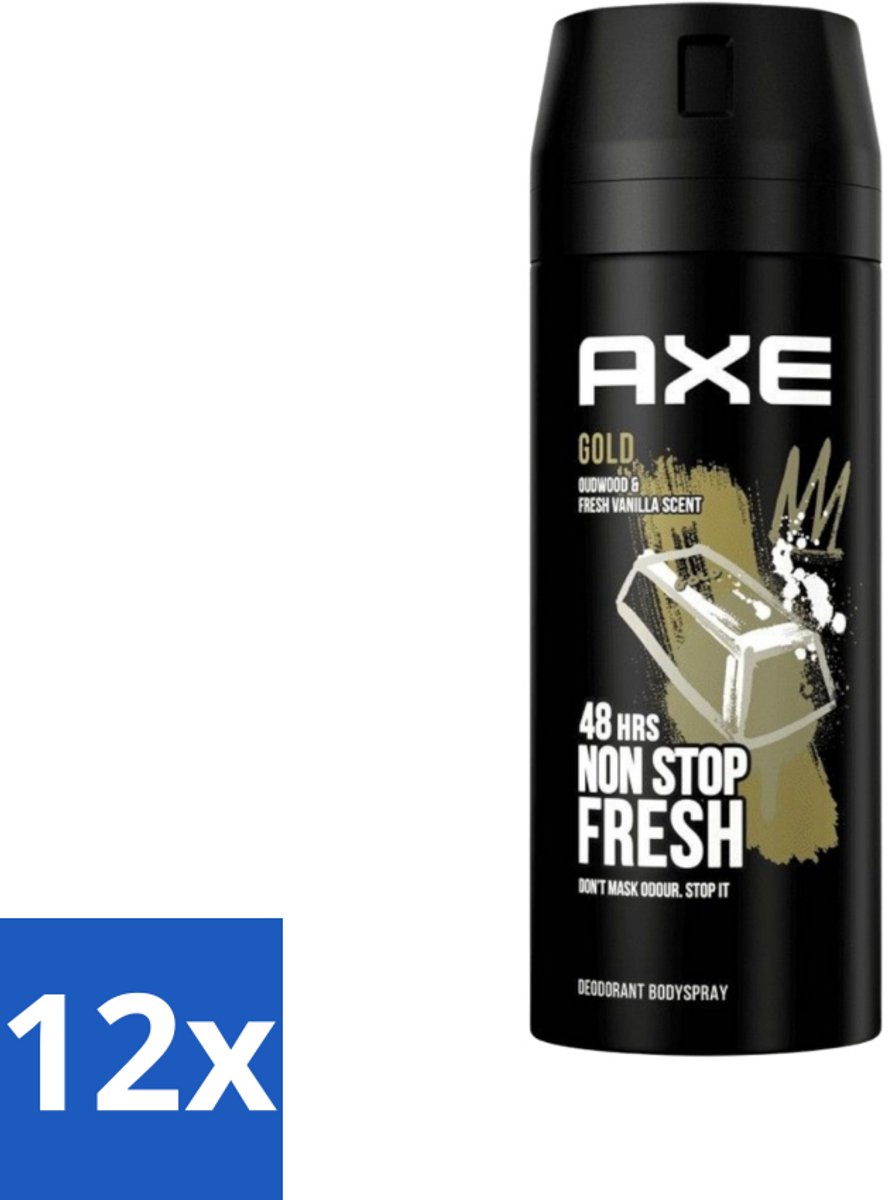 12 x Axe - Deodorant Bodyspray - 48hrs Fresh - Gold - Oud Wood & Fresh Vanilla - 150 ml - Deodorant - Axe - Deodorant Spray - 48 Uur Bescherming - Oud Hout
