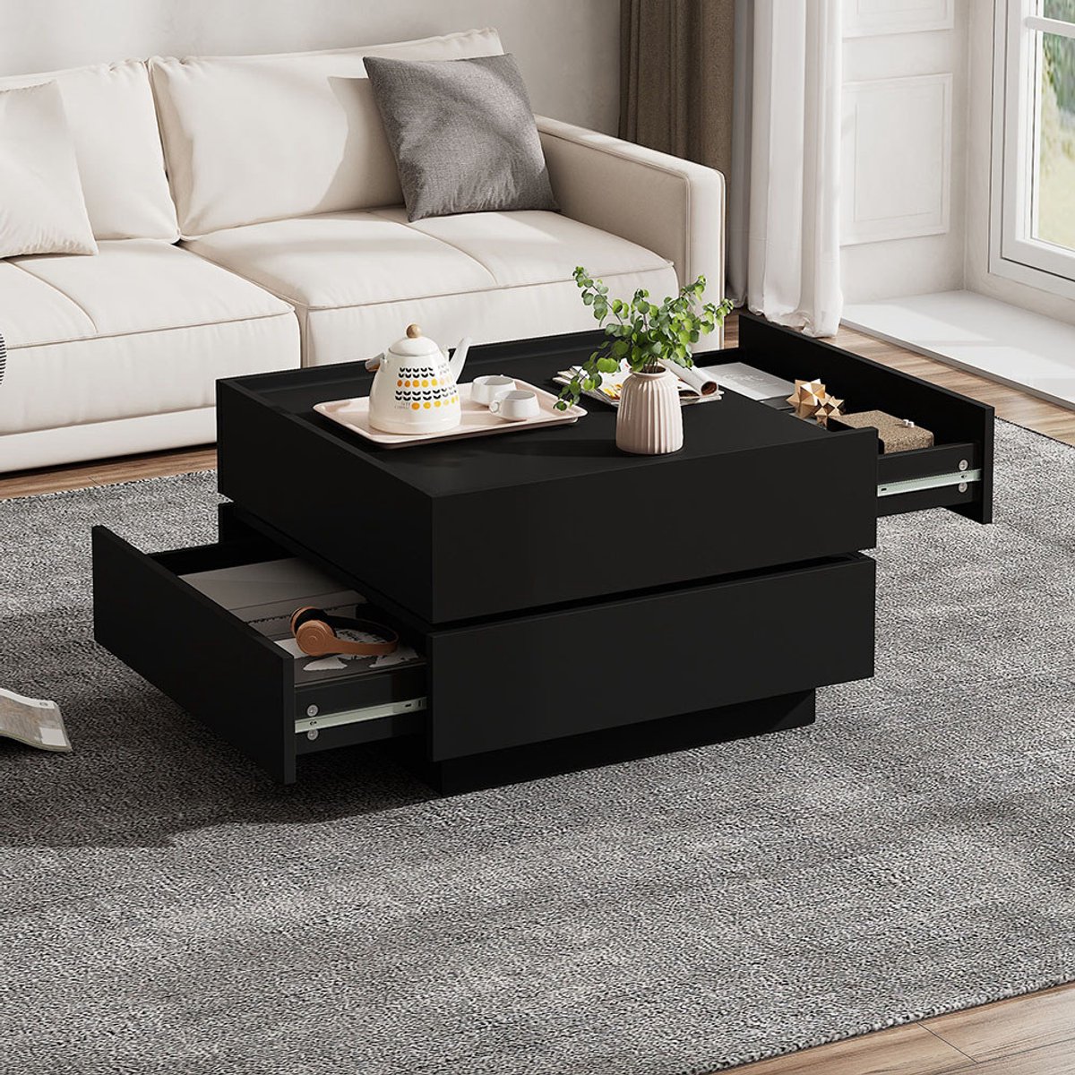 BLACKCOLORS Functionele salontafel voor de woonkamer, 360° draaibaar, draaibaar blad met 2 planken en opbergruimte, zwart onderstel, 60*60*38 cm