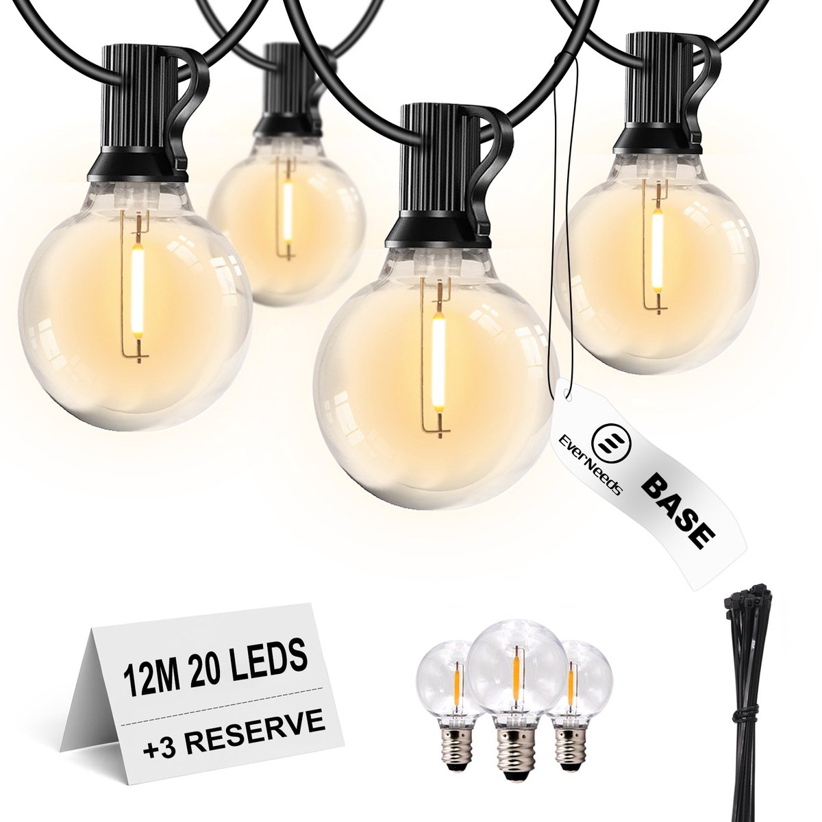 EverNeeds G40 BASE Lichtsnoer Buiten – Prikkabel 12m – 20 LED – IP44 – Lichtslinger – Sfeerverlichting Buiten en Binnen – Warm Wit 2700K – 3 Extra LED’s