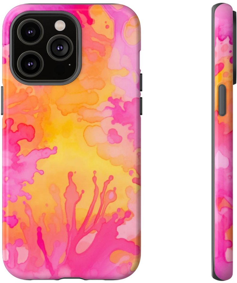 Roze en Oranje Abstracte Inktspatten – Telefoonhoesje Geschikt voor iPhone 14 Pro Max