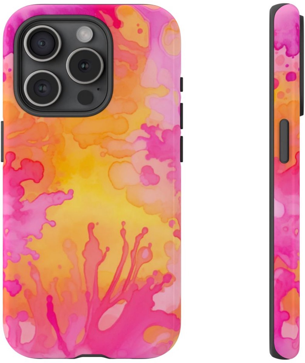 Roze en Oranje Abstracte Inktspatten – Telefoonhoesje Geschikt voor iPhone 15 Pro