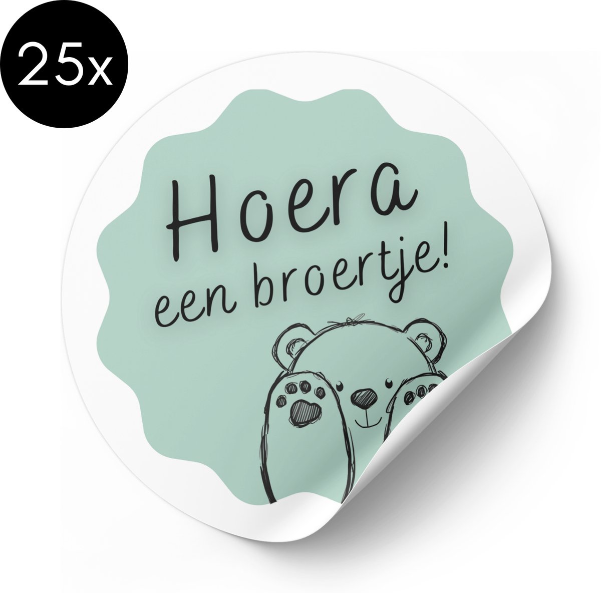 Sticker Hoera een broertje - Beer - Blauw / Groen - 50 mm - Traktatiestickers - 25 stuks