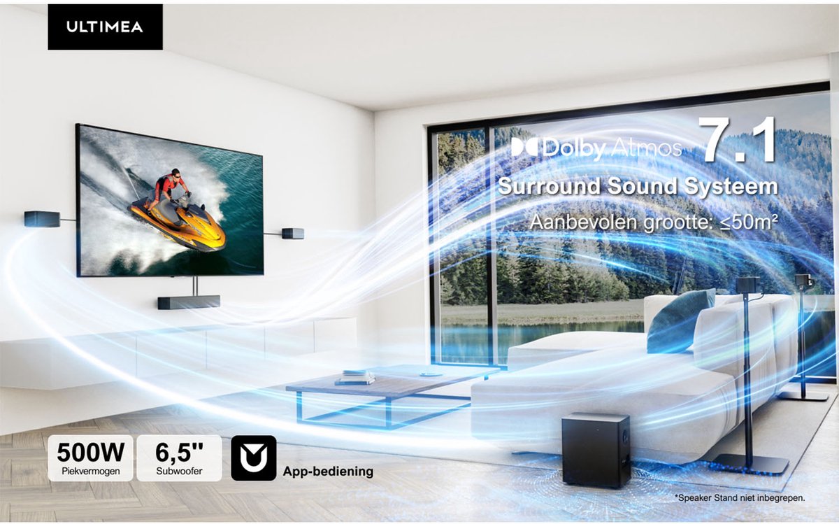 Afbeelding 2 van ULTIMEA Poseidon D80 Boom – 7.1 Dolby Atmos TV Soundbar, 500W, 6,5" subwoofer, app-bediening, home cinema-systeem
