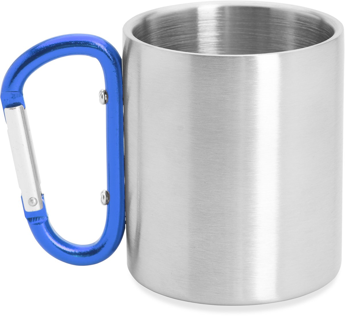 RVS mok model Guaya met gekleurde karabijnhaak als handvat- Blauw - 230 ML - Beker zonder deksel - kan aan rugzak gehangen worden - Reizen - Thee - Koffie. Geschikt voor laser
