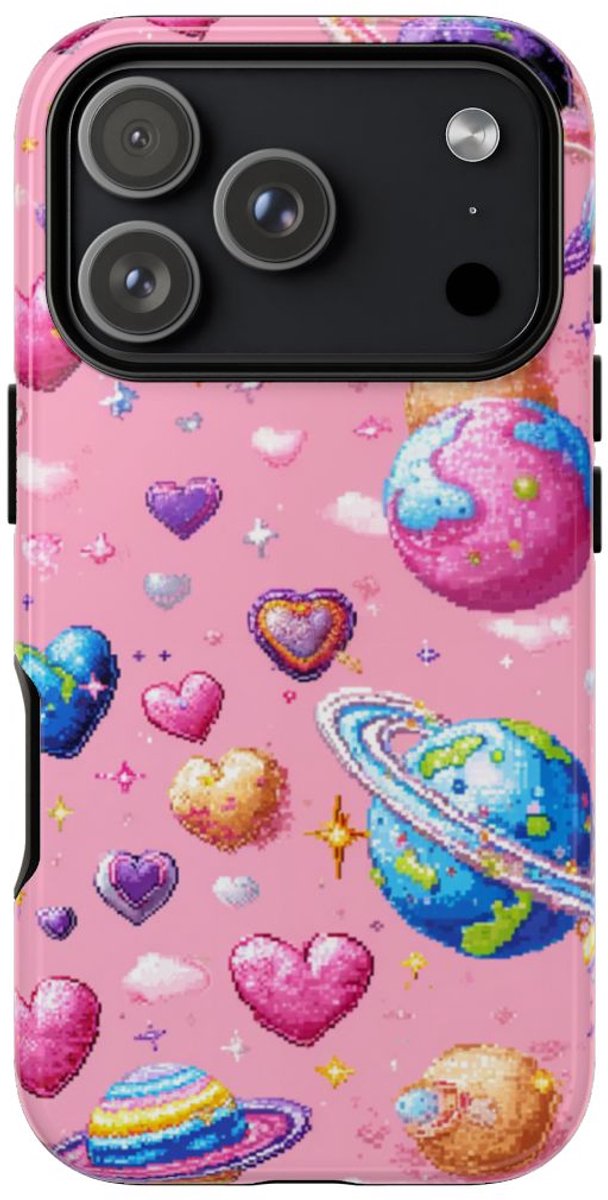 Pixel Art Harten en Planeten Patroon – Telefoonhoesje Geschikt voor iPhone 17 Pro