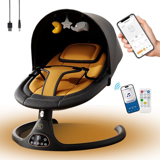 Elektrische Babyschommel - Wiegschommel - Automatische Wipstoel voor je Baby - Schommelstoel - Geel- Zwart Babyswing - 5 Snelheden- Uitneembare Wasbare Wipstoelhoes