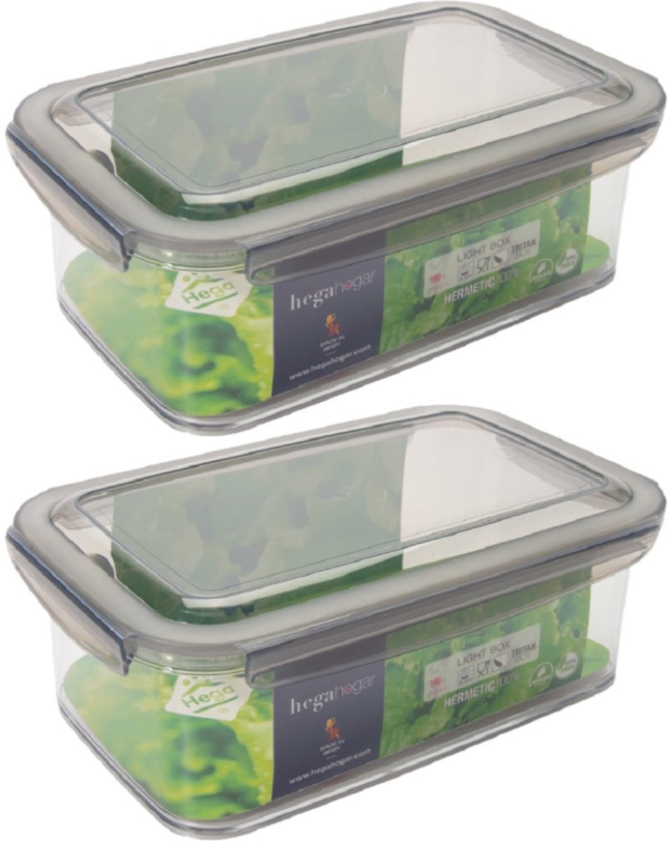 3x hega hogar vershoudbakjes - transparant/grijs - 1,9 liter - 24 x 15 x 8 cm- plastic - bewaarbakje - voedsel bewaar bakjes - diepvriesbakjes