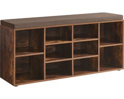 ACAZA Schoenenrek - Schoenenkast - Schoenenbank - Met Zitkussen - 10 Vakken - 104 x 30 x 50 cm - Vintage Bruin