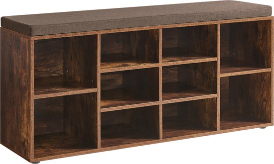 ACAZA Schoenenkast - Schoenenrek - Schoenenbank - Met Zitkussen - 10 Vakken - 104 x 30 x 50 cm - Vintage Bruin
