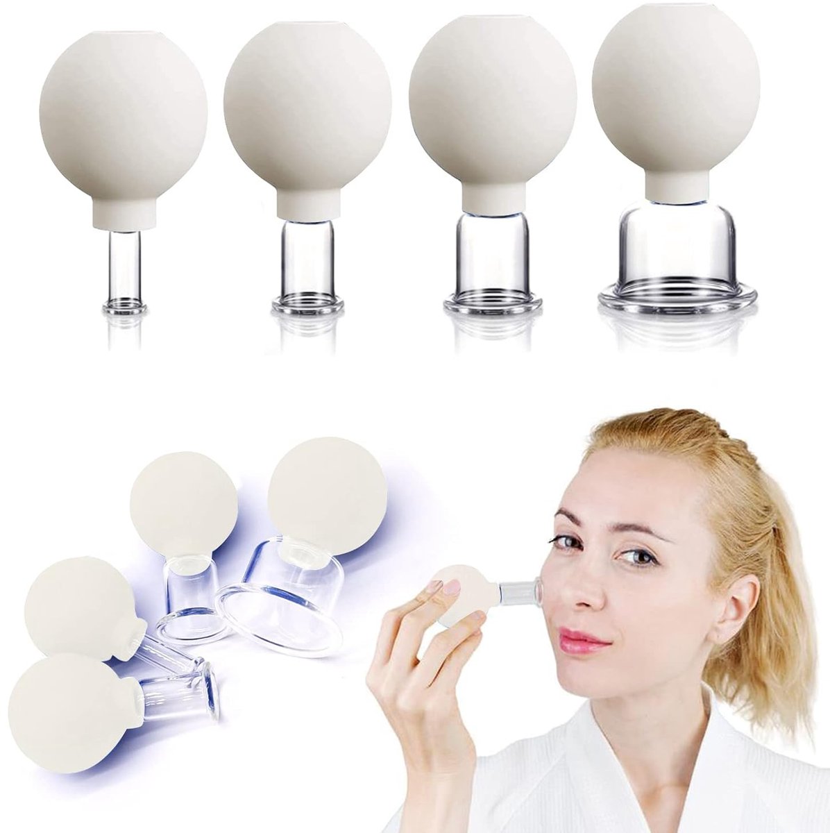 Set van 4 glazen gezichtscuppingsets | Siliconen vacuümzuiging | Cuppingmassagetherapie | Een set voor anti-cellulitis, anti-rimpel en een direct tijdloze huid | Voor ogen, gezicht en lichaam (wit) - Cyslmuk®