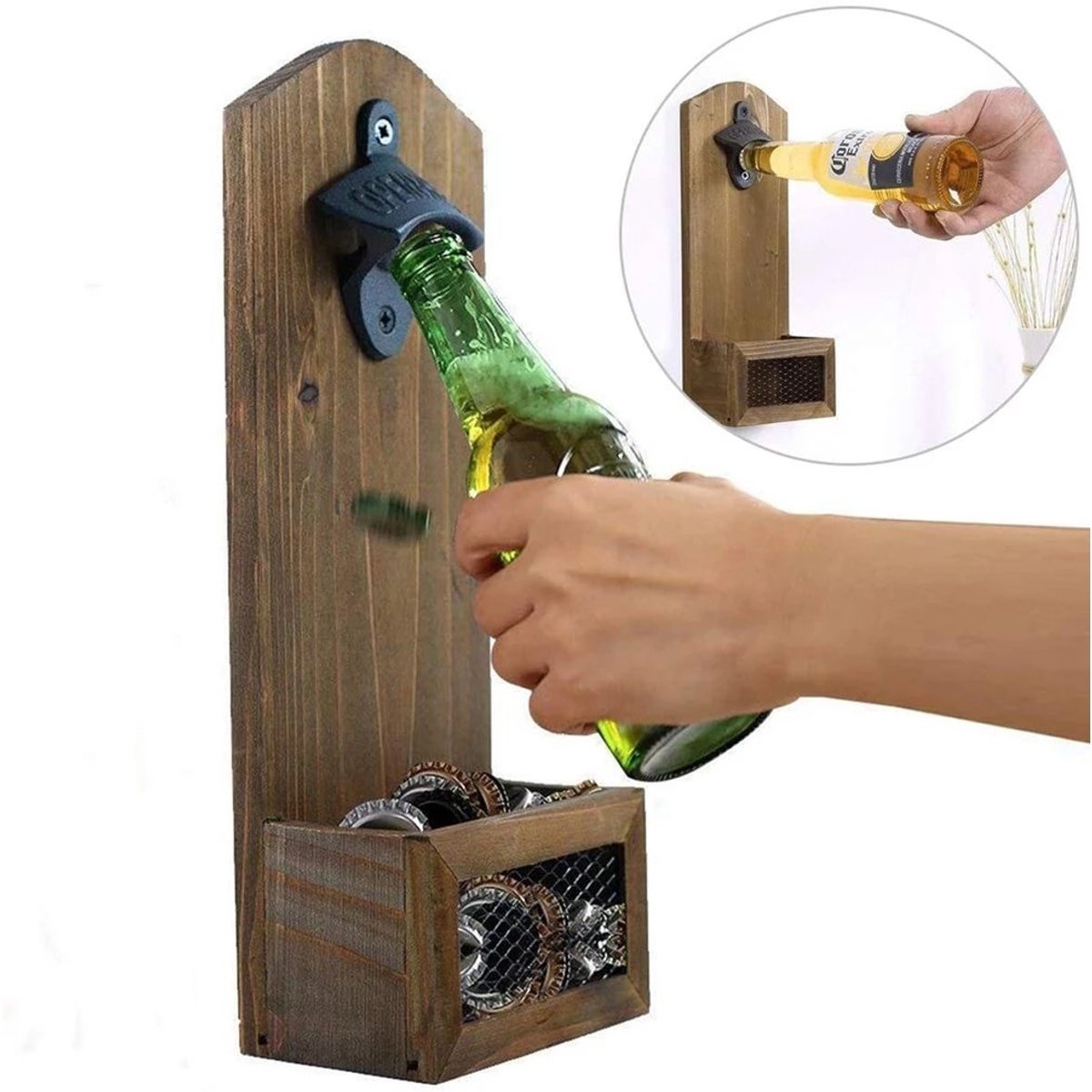 Maxium - Bieropener muur met opvangbak - Flesopener - Bieropener - Opener voor bier - Wand Opener - Flessenopener - Hout - Metaal