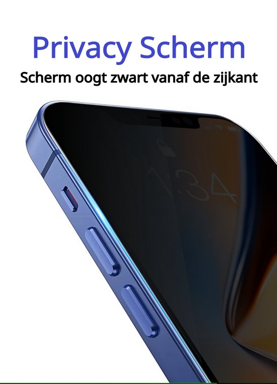 Telefoon met privacy scherm dat vanaf de zijkant zwart oogt. Tekst 'Privacy Scherm'.