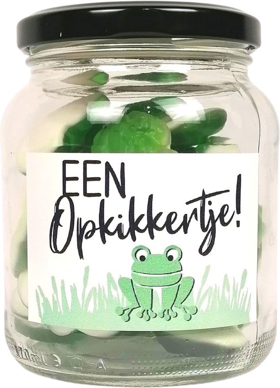 Snoep potje "Opkikkertje" beterschap, gevuld met snoepkikkers