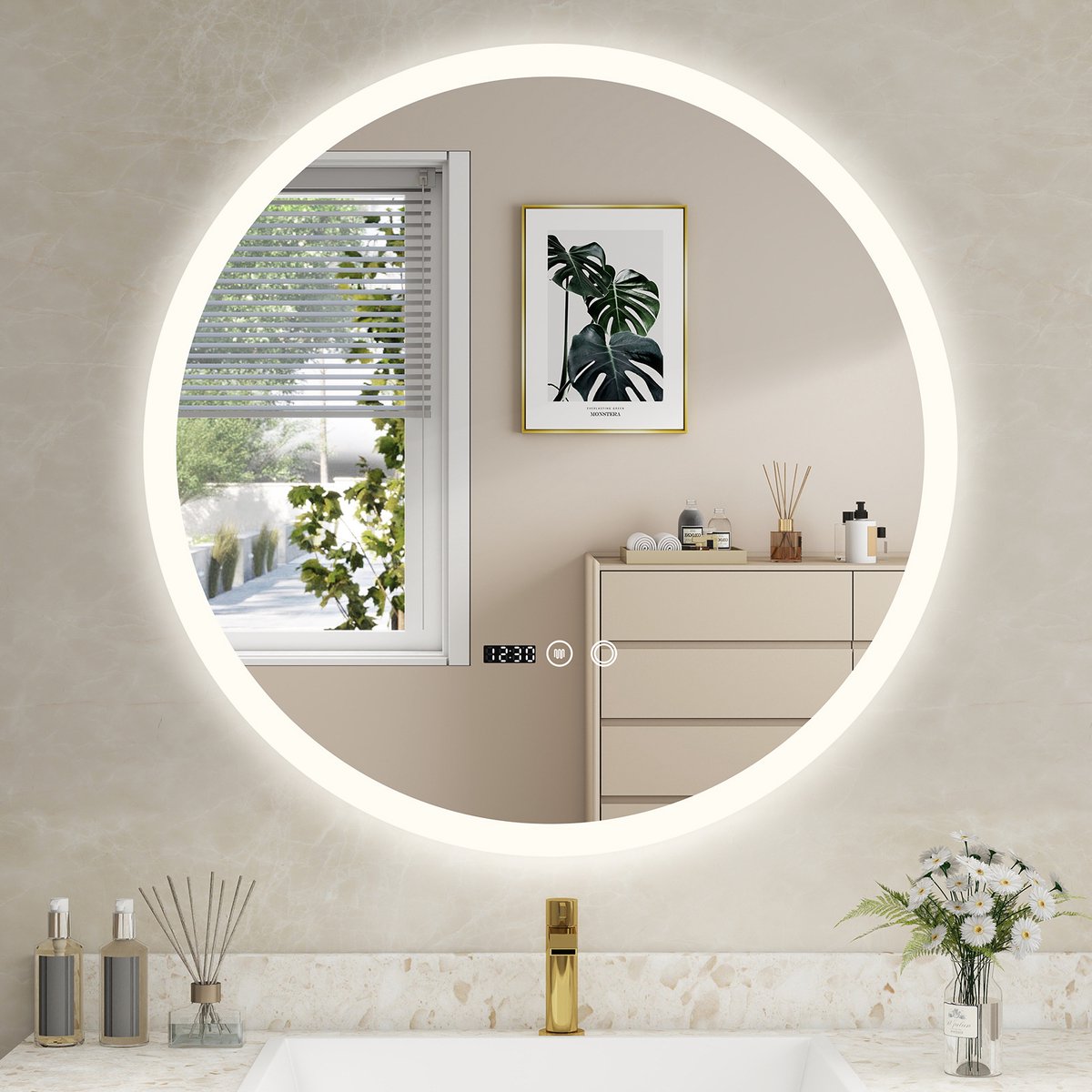 Puluomis 70cm Badkamerspiegel - met LED-verlichting - Ronde Frameloze Spiegel - Tijd- en temperatuurweergave - Ontwaseming