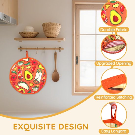 Tortilla Warmer Zak 30 cm - Geïsoleerde Tas voor Taco's en Wraps - Magnetron Veilig - Houdt Voeding 90 Minuten Warm - Geschikt voor Naan en Pizza - Oranje Design - Feestelijke Keukenaccessoire van Baketivity — afbeelding 3