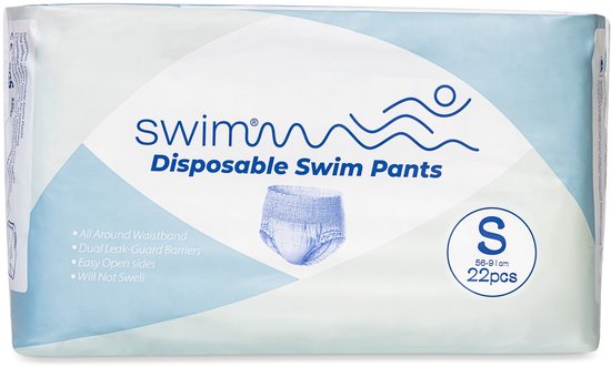 Verpakking Swimmm Zwem Pants, maat S, 22 stuks. Met afbeelding van zwembroek.