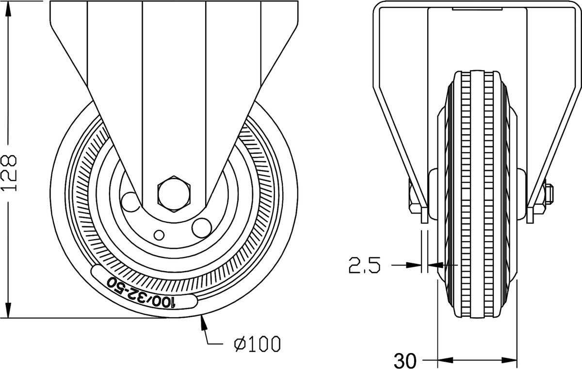 100 mm (4") rubberen zwenkwiel, vast, met een draagvermogen van 360 kg, set van 4