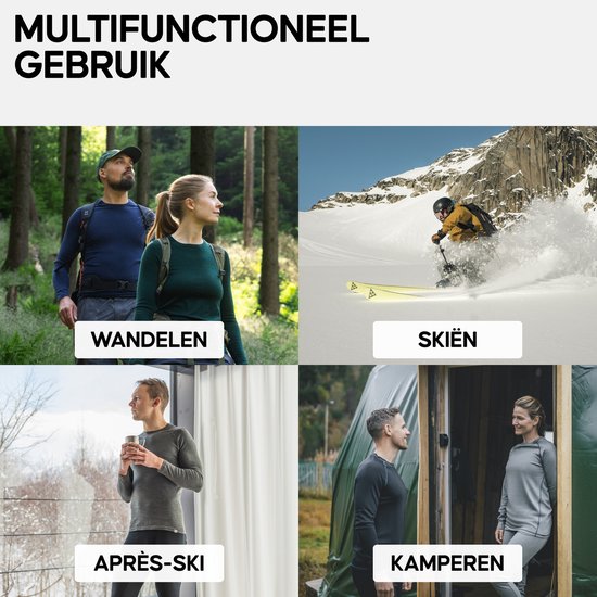 Collage van vier beelden die multifunctioneel gebruik tonen: wandelen, skiën, après-ski, kamperen. Model in thermoshirt.
