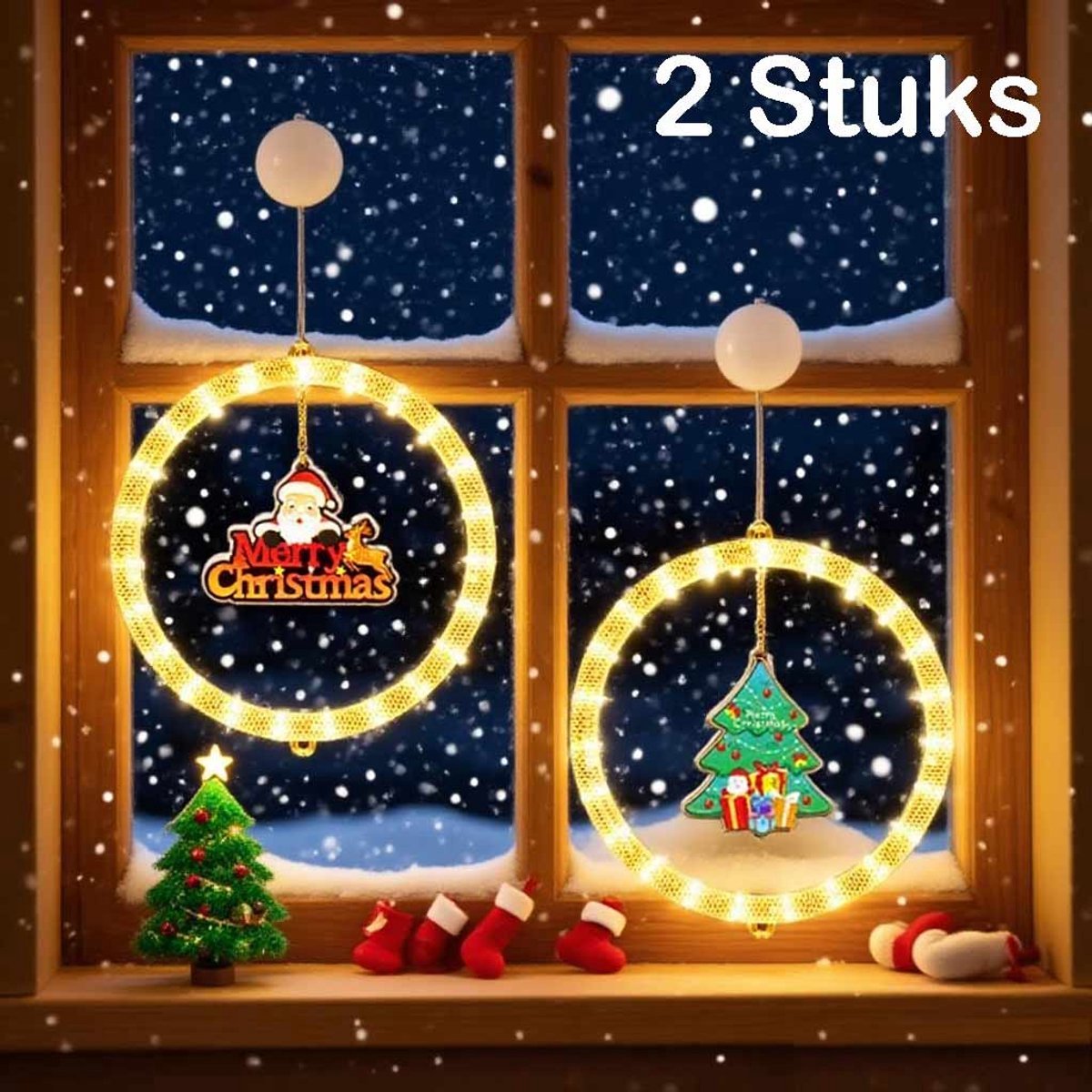 LED kerstverlichting set van 2 - Decoratieve raamverlichting met haak (27.6 CM) - Rollicht & 4 automatische lichtsoorten - Kerstman & Kerstboom - Voor raamdecoratie, gordijnen, woonkamer, tuin en balkon