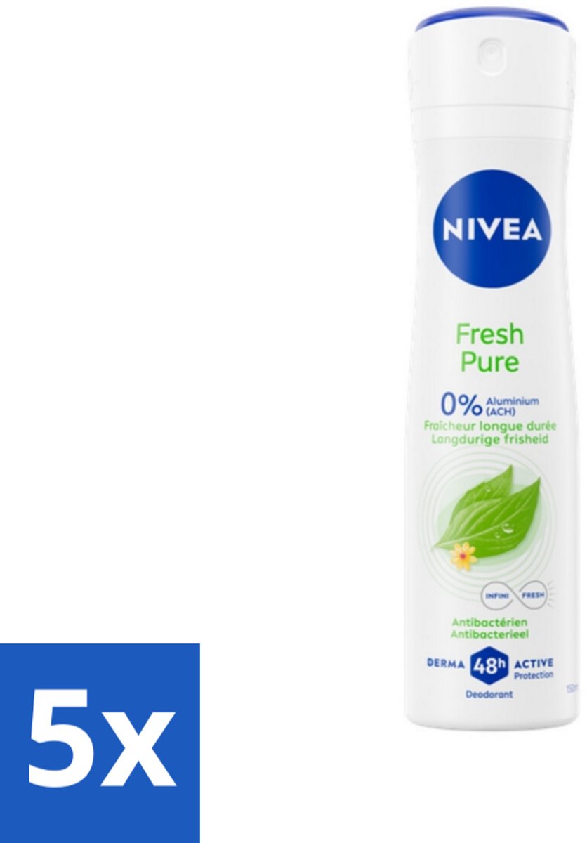 5 x Nivea - Deodorant - Spray - Fresh Pure - Langdurige Frisheid - 150 ml - NIVEA Fresh Pure Deodorant Spray - 48 Uur Geurbescherming - Aluminiumvrij Deodorant - Frisheid - Geur