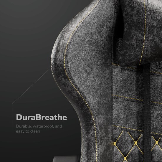 Zijkant van de rugleuning van een grijze gamestoel met gele stiksels. Gemaakt van 'DuraBreathe' materiaal.