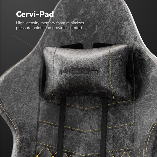 Hoofdsteun van een grijze gamestoel met logo. Gemaakt van 'Cervi-Pad' traagschuim voor comfort.