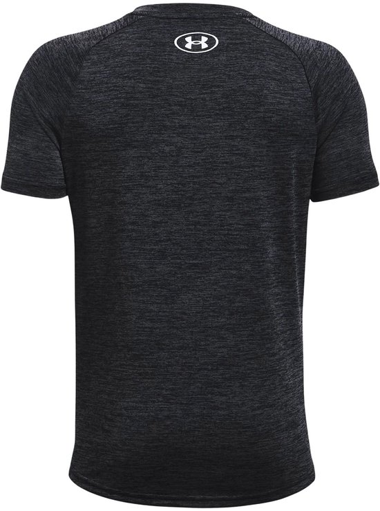 Zwart Under Armour sportshirt met korte mouwen en wit logo op de rug.