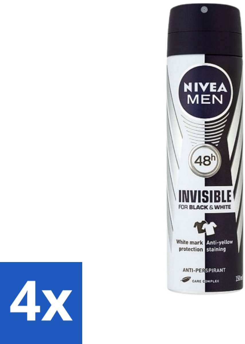 4 x Nivea - Men - Deospray - XXL - Invisible Black & White Original - Anti-Transpirant - 200 ml - Deodorant Spray - Anti-transpirant - 48 Uur Bescherming - Witte Strepen - Gele Vlekken