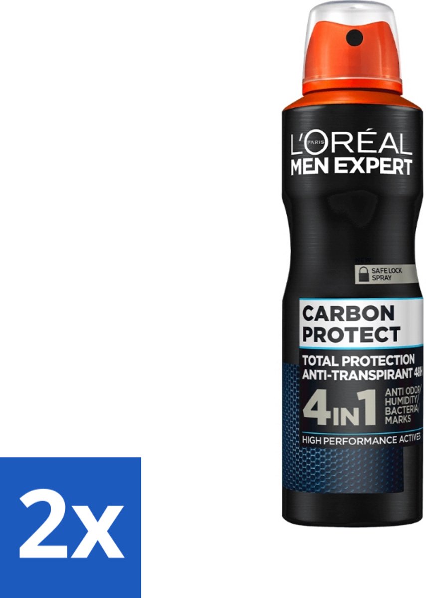 2 x L'Oréal Men Expert Deodorant Spray Carbon Protect 150 ml - Deodorant Spray - Anti-geur - Anti-vocht - Anti-bacterie - Vlekken Op Kleding