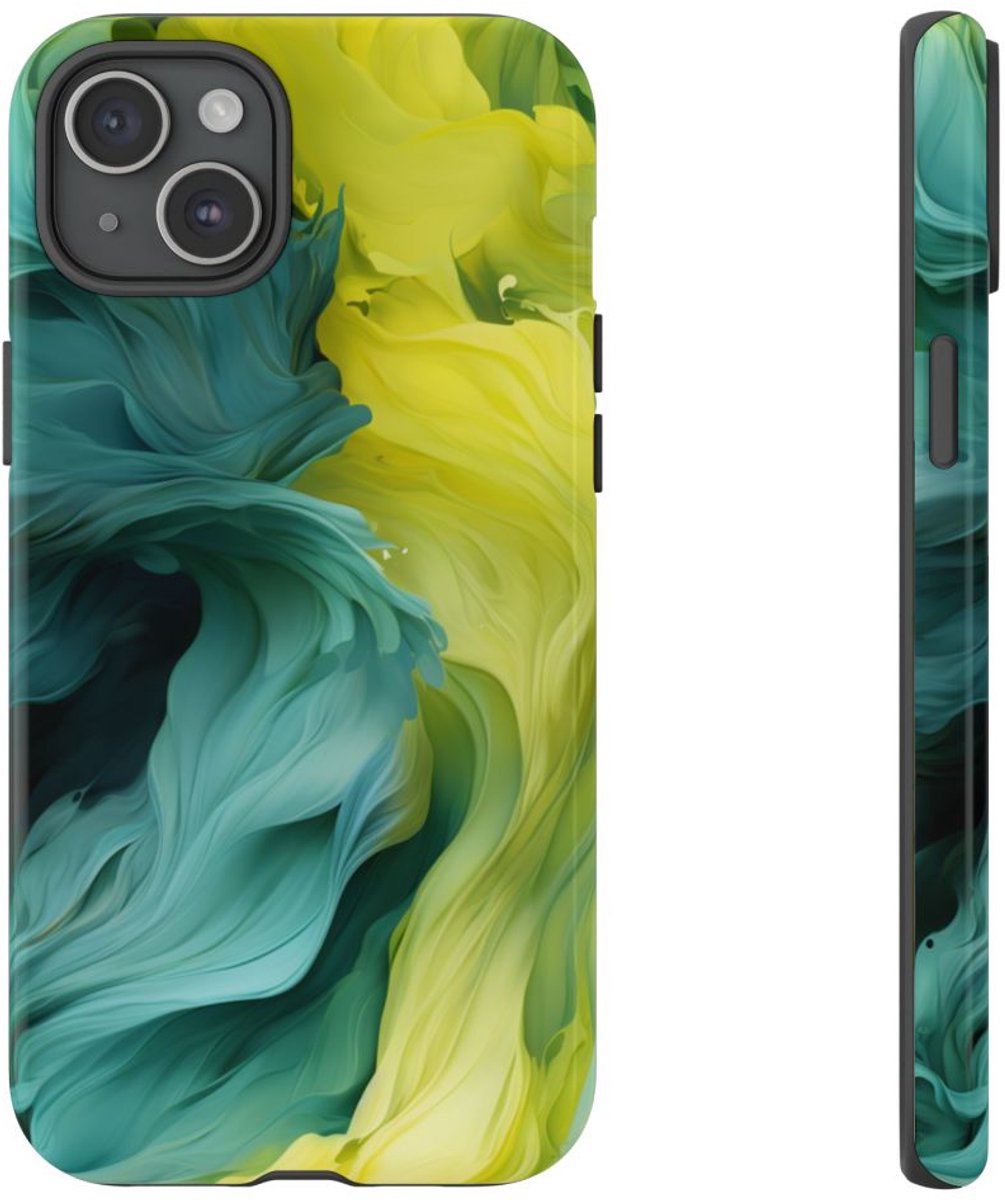Vloeiend Gele en Groene Abstracte Kunst – Telefoonhoesje Geschikt voor iPhone 15 Plus