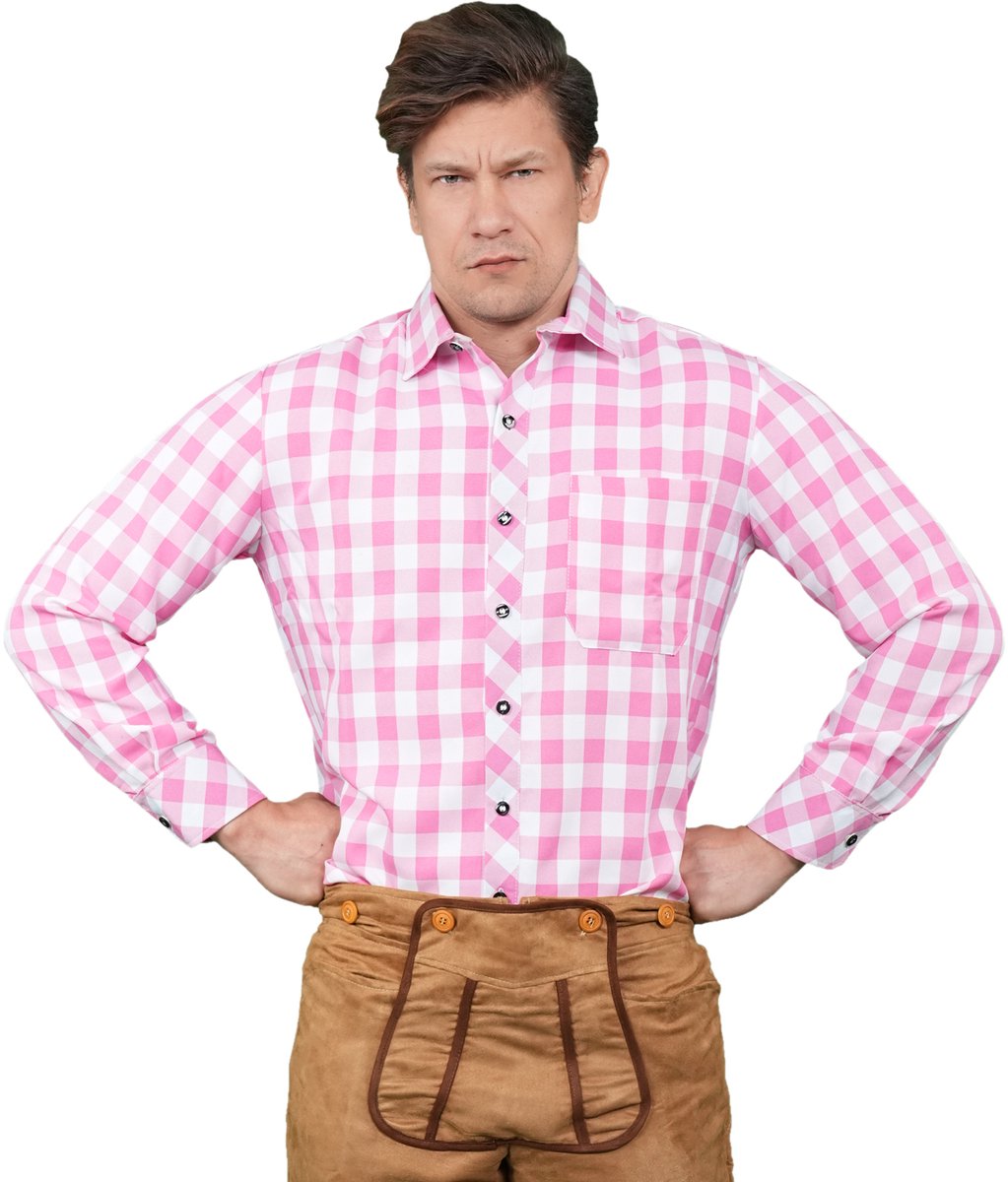 Zebra & Friends Franz - Maat 54 - Tirolerhemd - Oktoberfest Heren - Geruit Hemd - Themafeesten - Verkleedkleren voor Mannen - Carnavalskleren - Roze met Wit