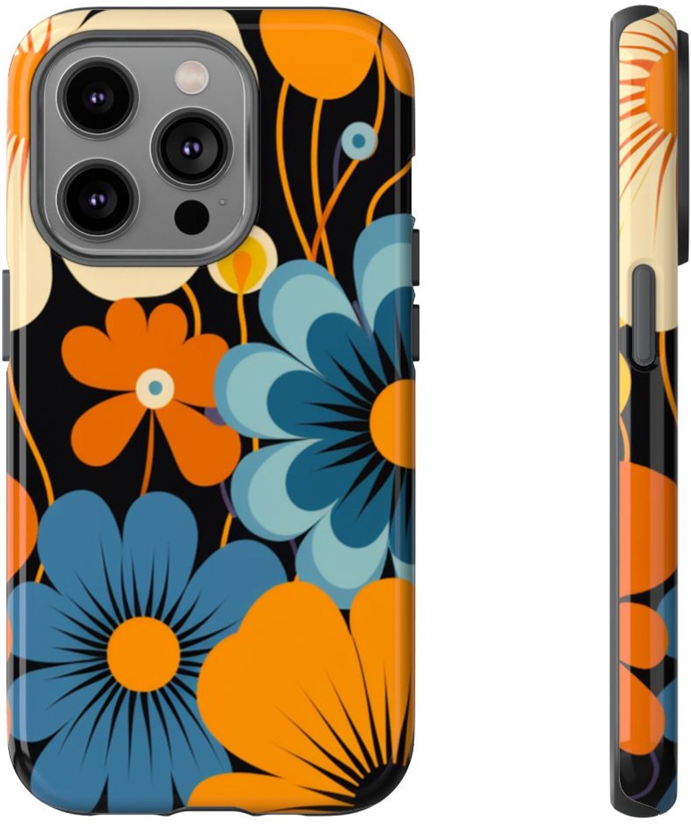 Retro Bloemenpatroon in Oranje en Blauw – Telefoonhoesje Geschikt voor iPhone 14 Pro