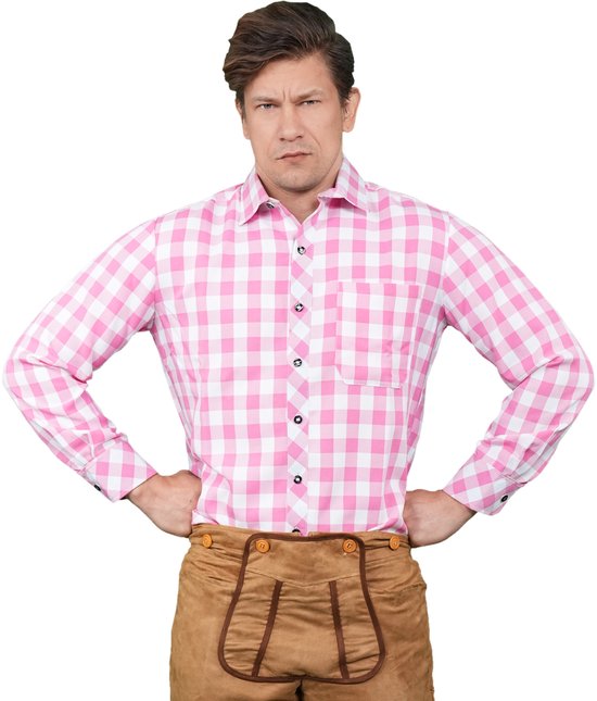 Zebra & Friends Franz - Taille 50 - Chemise tyrolienne - Oktoberfest Homme - Chemise à carreaux - Soirées à thème - Déguisement pour homme - Vêtements de carnaval - Rose et Wit