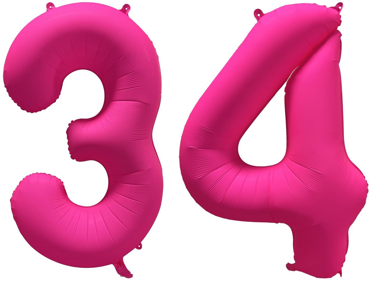 Folieballon 34 jaar - Neon Roze - 86 cm